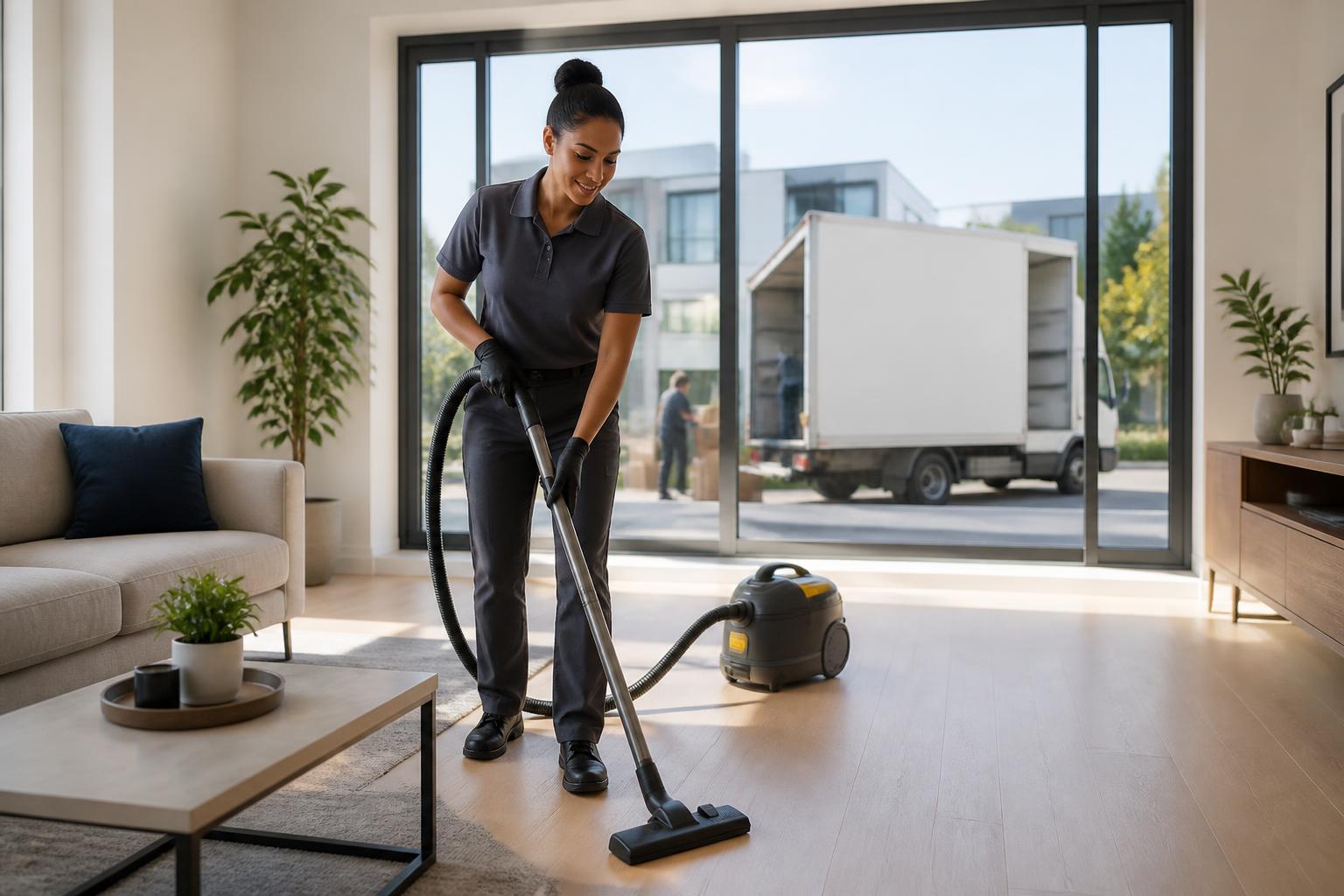 Professional cleaner vacuuming a modern apartment with a moving truck visible outside