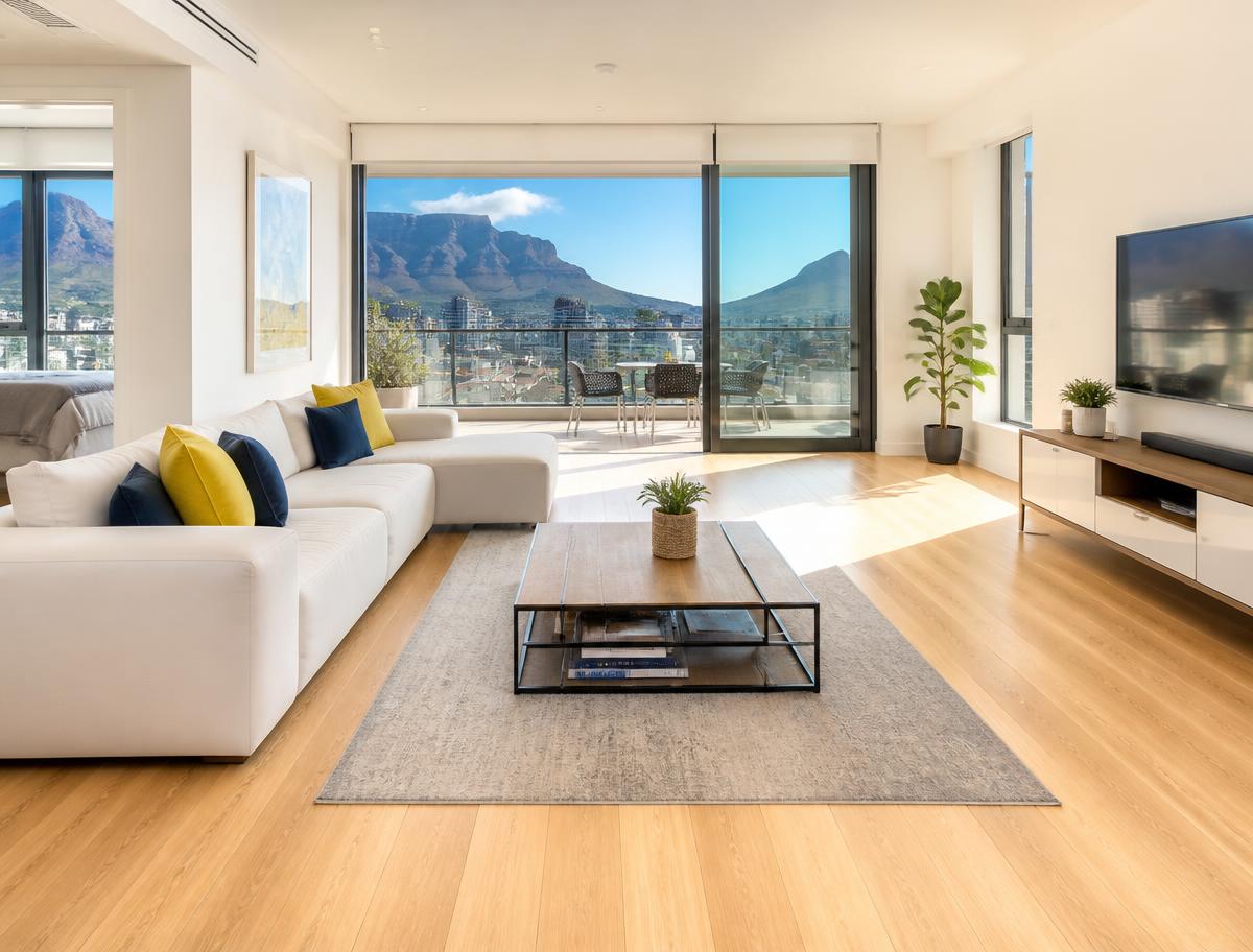 A bright, spotless modern living room after professional cleaning